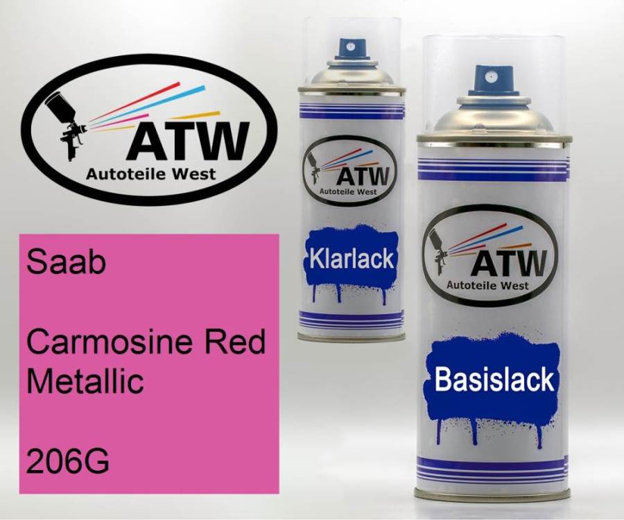 Saab, Carmosine Red Metallic, 206G: 400ml Sprühdose + 400ml Klarlack - Set, von ATW Autoteile West.